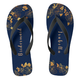 Chinelos Elegante Bridesmaid Dourado Marinho Floral Azul