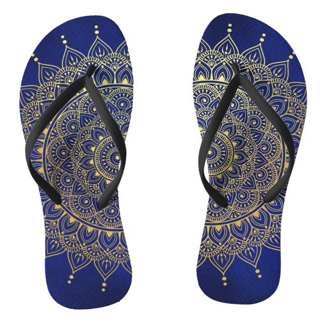 Chinelos Elegante Dourado no Floral Azul Profundo Henna Man (Pé da cama)