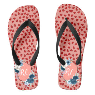 Chinelos Elegante Floral Azul Poeirento e Corações Vermelho