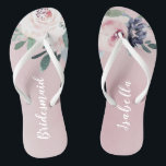 Chinelos Escova botânica e dama de honra personalizada<br><div class="desc">Floral botânico de aquarela e verde em cor rosa e marinho pincelado,  elegante e romântico,  pontes personalizadas de excelente</div>