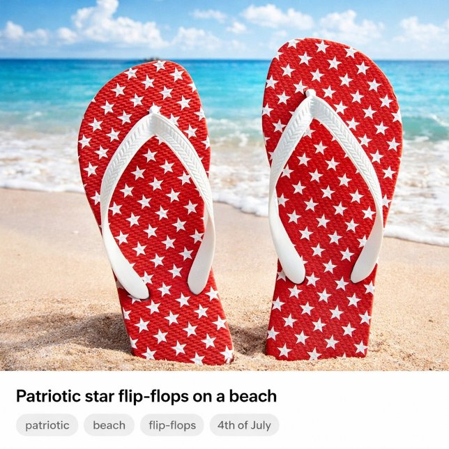 Chinelos Estrela Patrióticos ("Patriotic star flip-flops on a beach")