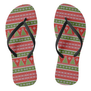 Chinelos Feriados de Na moda de Padrão Verde Vermelho Natal