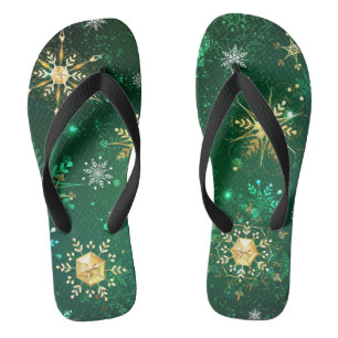 Chinelos Flocos de neve do Ouro Xmas em fundo verde