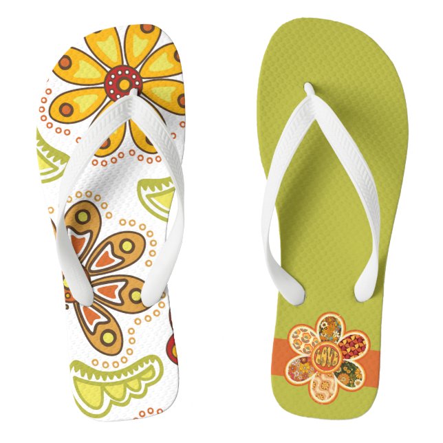Chinelos Flor Retroativa Hippie Laranja Verde (Pé da cama)