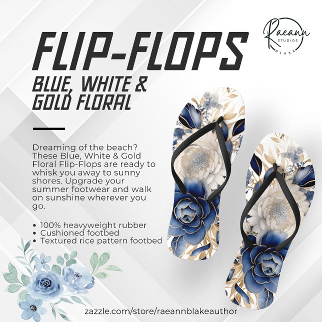 Chinelos Florais Azul, Branco e Dourado (Criador carregado)