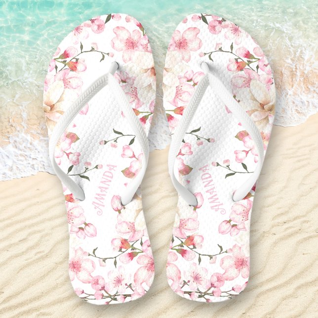 Chinelos Floral Cherry Blossom Nome Rosa Branco (Floral Cherry Blossom Name Pink Flip Flops)