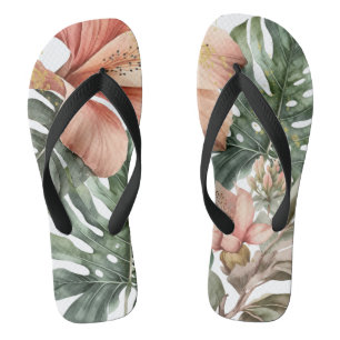 Chinelos Floral de selva em aquarela rosa verde dourado