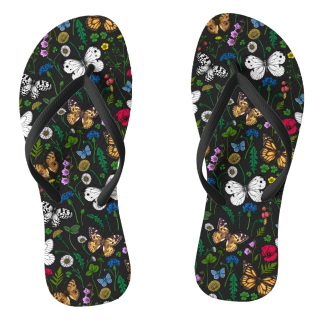 Chinelos Flores e borboletas selvagens a preto (Pé da cama)