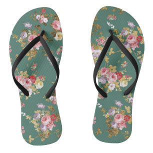 Chinelos Floresta chique verde-rosa-ouro elegante floral