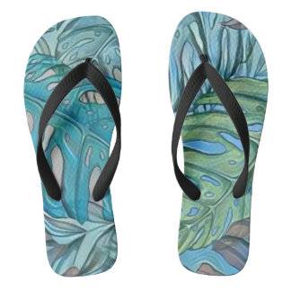 Chinelos Folhas tropicais azuis coloridas, cor d'água