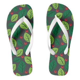 Chinelos Folhas Verdes, Bagas Vermelhas, Padrão de Folhas