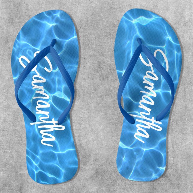 Chinelos Foto Personalizada da Piscina de Nadação Azul Aqua (Personalized Swimming Pool Water Flip Flops for Her)