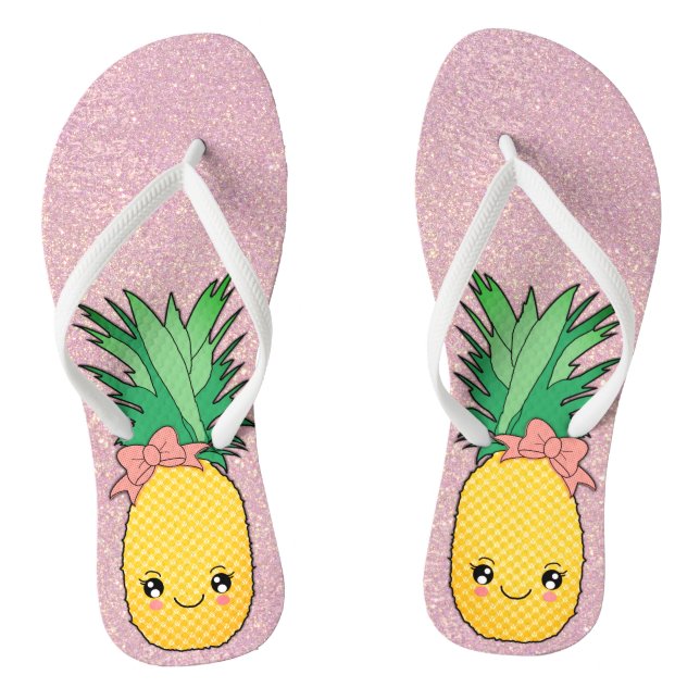 Chinelos Fruta de abacaxi de Kawaii, Glitter Beach Dourada  (Pé da cama)