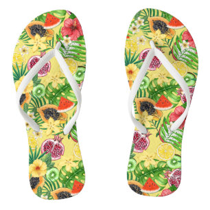 Chinelos Frutas tropicais, flores e folhas em amarelo