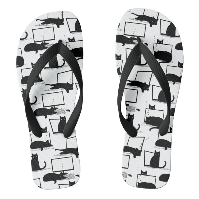 Chinelos Gatos Pretos Sentados em Laptop Padrões de Café Mu (Pé da cama)