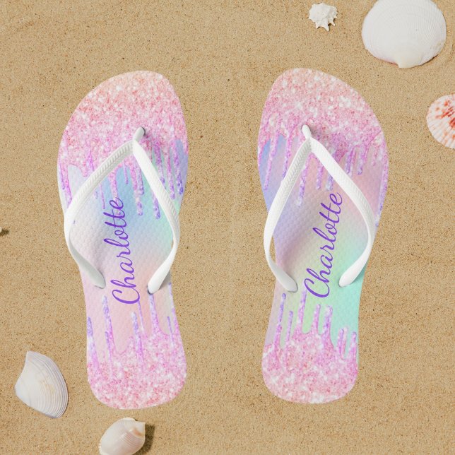 Chinelos Glitter roxo rosa pinga nome holográfico (Criador carregado)