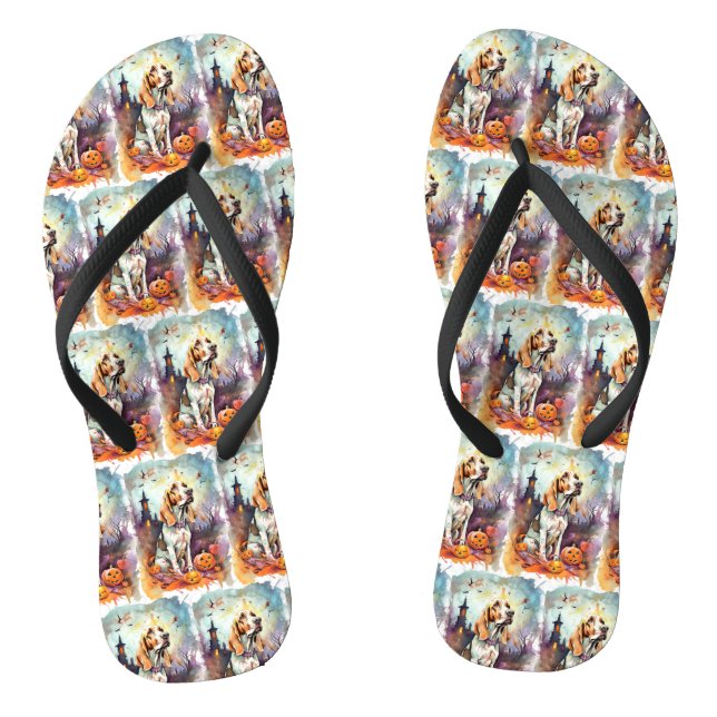 Chinelos Halloween Basset Hound Com Pumpkins Assustado (Pé da cama)