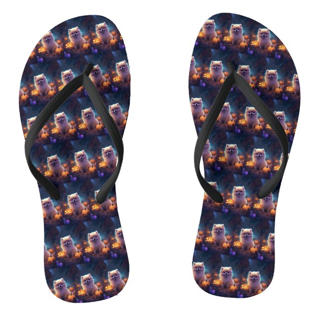 Chinelos Halloween Pomeranian Com Pumpkins Assustado (Pé da cama)