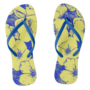Chinelos Impressão de Flor Amarela Azul Tropical