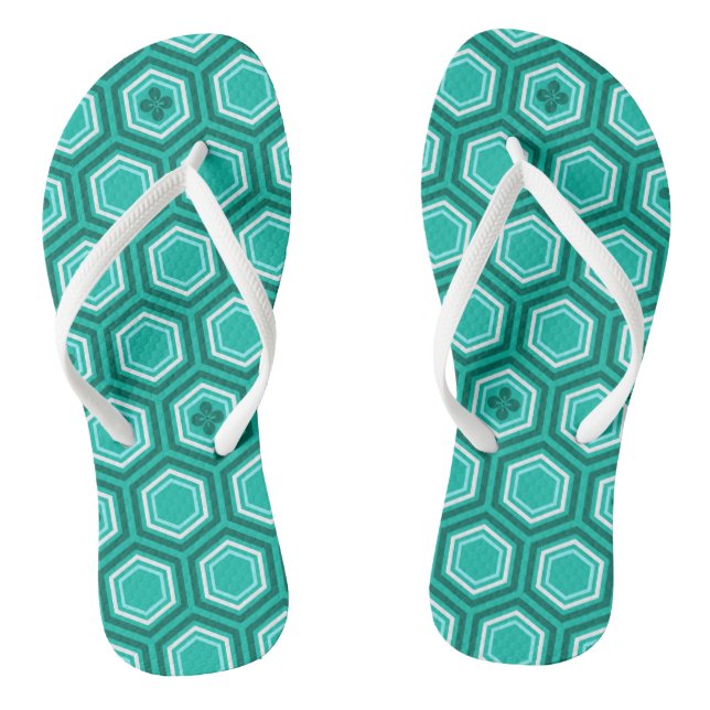 Chinelos Impressão de Kimono Hexagonal, Turquesa e Branco (Pé da cama)