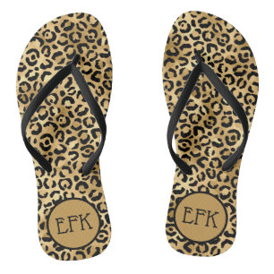 Chinelos Impressão de leopardo preto e dourado Monograma de