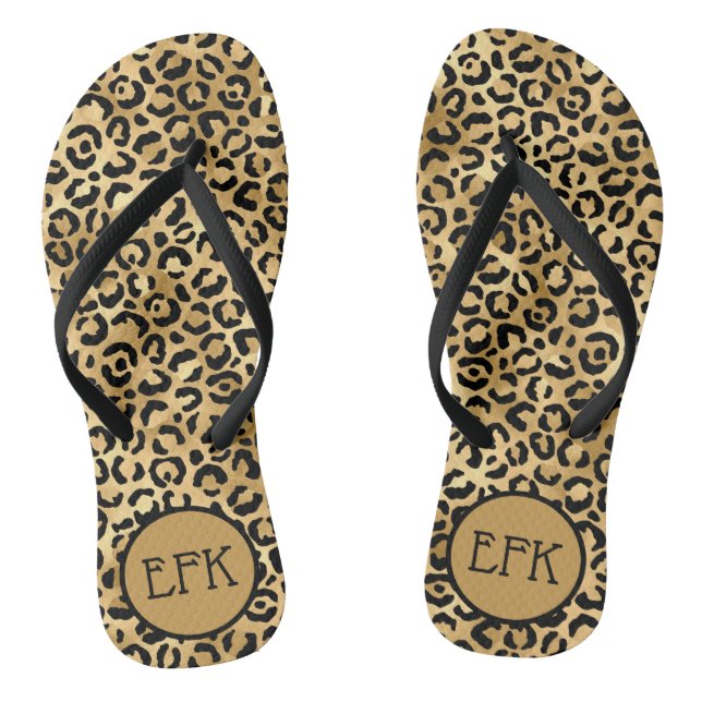 Chinelos Impressão de leopardo preto e dourado Monograma de (Pé da cama)