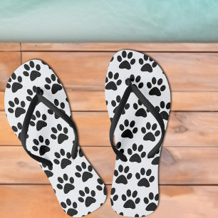 Chinelos Impressões de Pata de Cachorro Preto em Branco