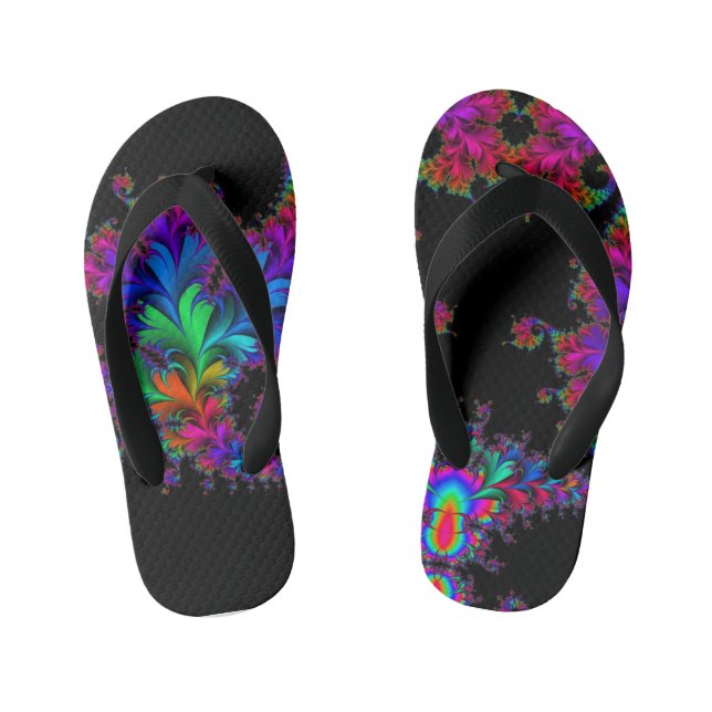 Chinelos Infantis arte fractal floral arco-íris (Pé da cama)
