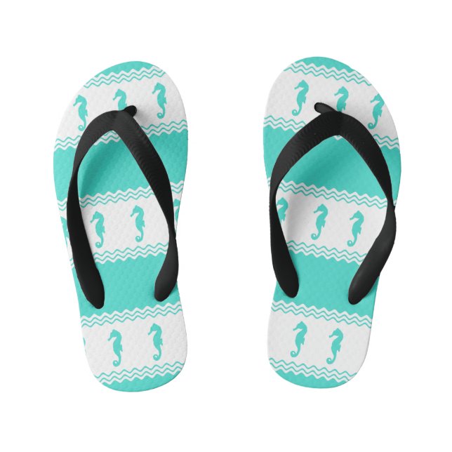 Chinelos Infantis Blue Turquoise Coastal Seahorses Stripes (Pé da cama)