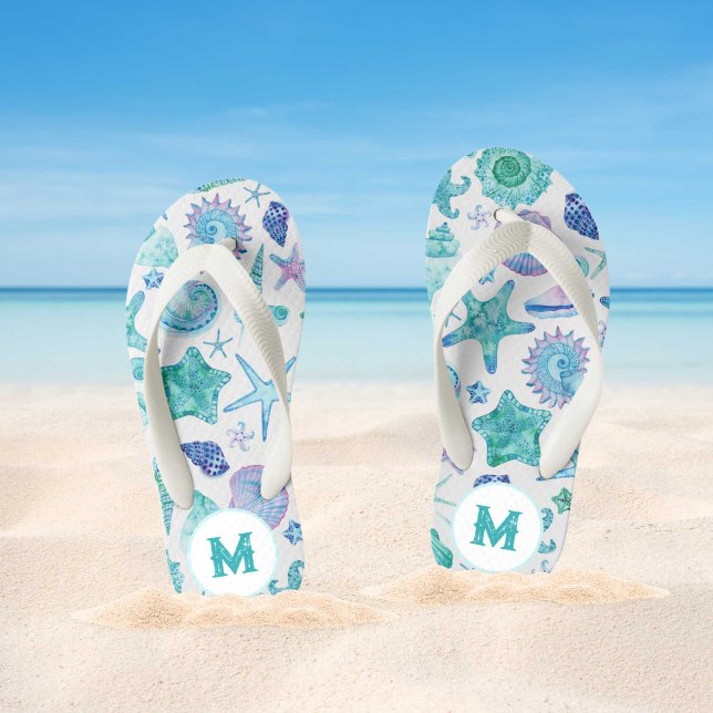 Chinelos Infantis Cascas do mar de aquarelas e monograma de Starfish (Watercolor Sea Shells and Starfish Monogram Kid's Flip Flops)