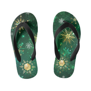 Chinelos Infantis Flocos de neve do Ouro Xmas em fundo verde