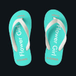 Chinelos Infantis Flor Girl NAME Turquoise<br><div class="desc">A Flower Girl é escrita em texto branco contra uma cor brilhante de turquesa feliz. O nome e a data do casamento são corais bonito. Personalize seu nome de florzinha em letras maiúsculas arquivadas. Clique em Personalizar para aumentar ou diminuir o tamanho do nome para cair dentro de linhas seguras....</div>