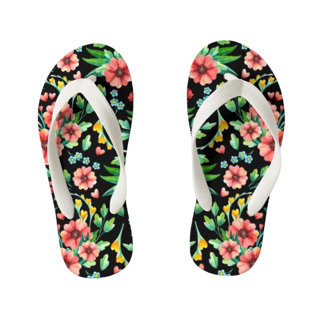 Chinelos Infantis Flores rosa com fundo preto-235 (Pé da cama)