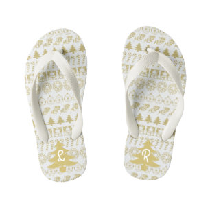 Chinelos Infantis Iniciais   Padrão Icônico Dourado e Branco