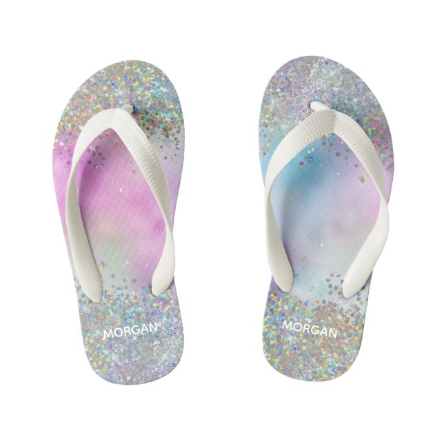 Chinelos Infantis Monograma Holográfico Glitter Arco-Íris Pastel (Pé da cama)
