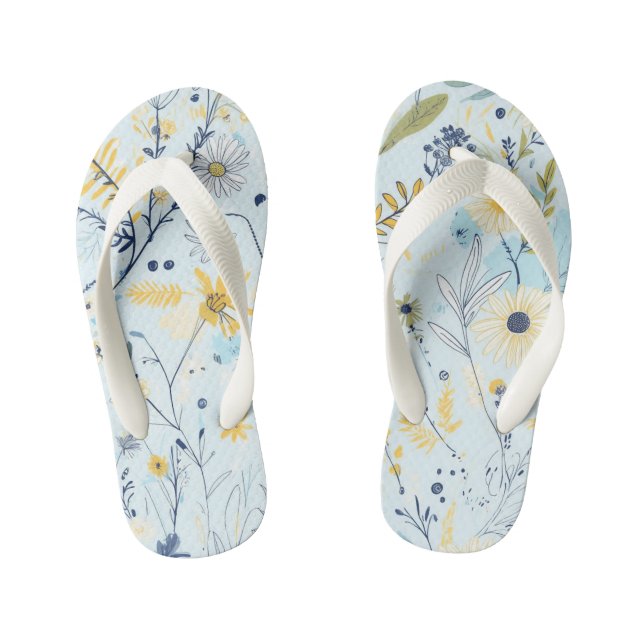 Chinelos Infantis Padrão de margarida azul e amarelo (Pé da cama)