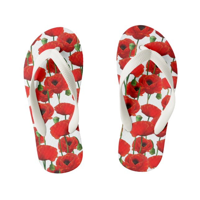 Chinelos Infantis Padrão Floral de Papas Vermelhas (Pé da cama)