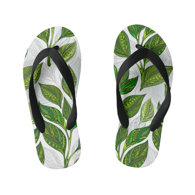 Chinelos Infantis Padrão sem costura com folhas verdes de chá (Pé da cama)