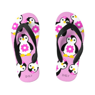 Chinelos Infantis Pinguins bonitinhos com flores rosa