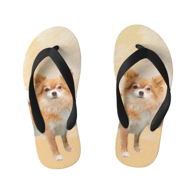 Chinelos Infantis Pintura de Cachorro Chihuahua de Pelo Longo Arte O (Pé da cama)