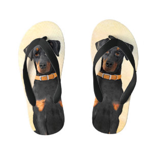 Chinelos Infantis Pintura Original de Doberman Pinscher com Orelhas