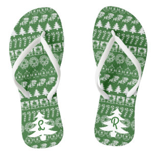 Chinelos Iniciais   Padrão de Natal Icônico Verde e Branc