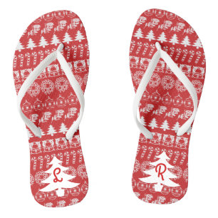 Chinelos Iniciais   Padrão de Natal Icônico Vermelho e Br