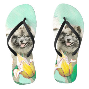 Chinelos Keeshond em Tulips pintando uma linda arte canina
