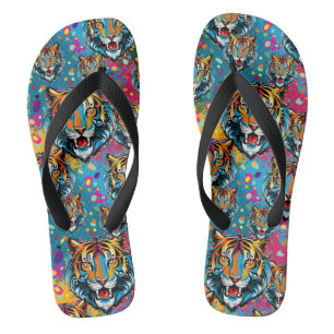 Chinelos Manchas de tinta cores Arco-íris Cabeça de Tigre