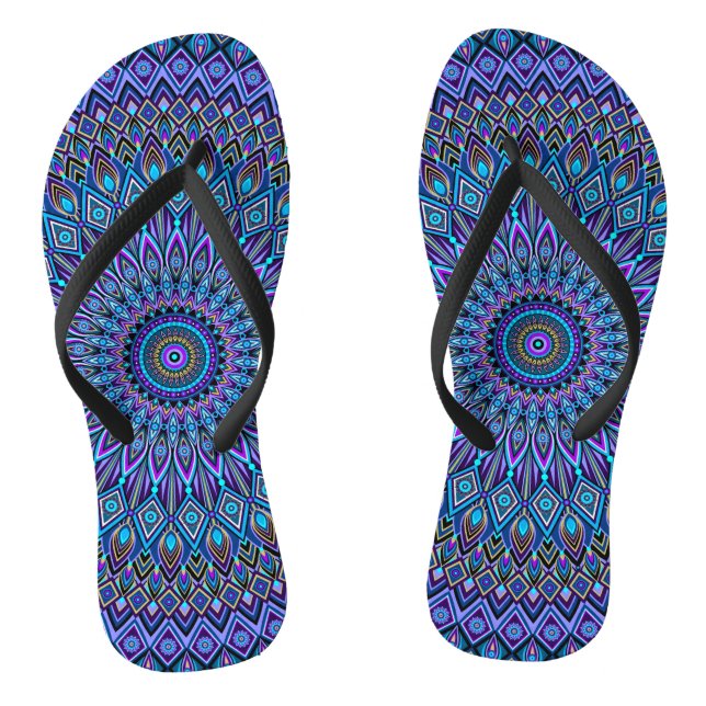 Chinelos Mandala Boho Blue Teal Purple Pavão Dourado Magia (Pé da cama)