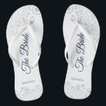 Chinelos Marinho de rendas prateadas azul em branco Casamen<br><div class="desc">Dance a noite fora com essas belas chinelos de casamento. Projetados para a noiva, eles apresentam um design simples, mas elegante, com letras marinhos azuis em um fundo branco e ricos de cinza prateada, e espirais. Uma bela maneira de se manter rico e apropriado enquanto dá uma pausa nos pés...</div>