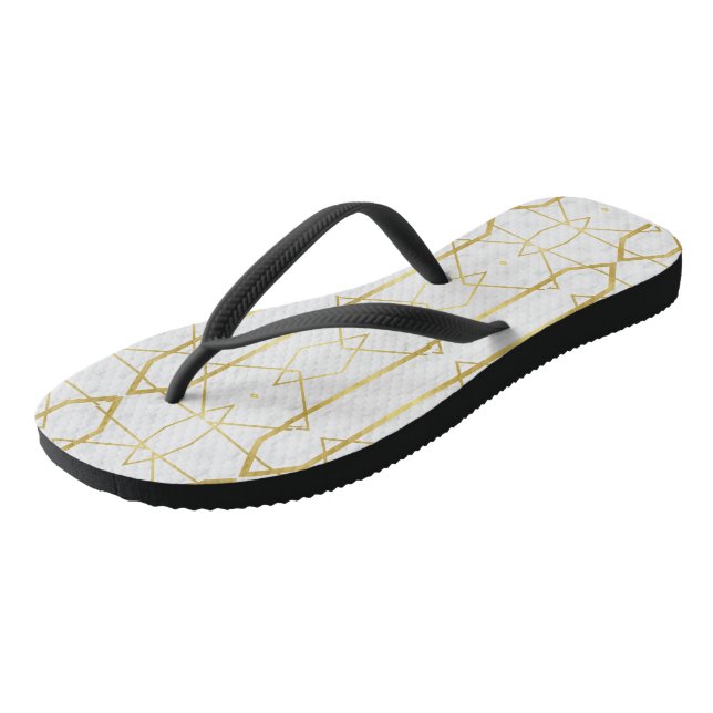 Chinelos Mármore branco e padrão geométrico Dourado (Inclinado)