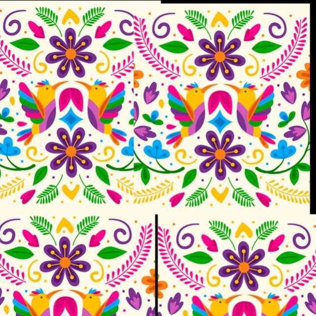 Chinelos mexicanos (Seamless pattern with a Mexican Otomi embroidery style, featuring colorful birds, flowers, and leave)