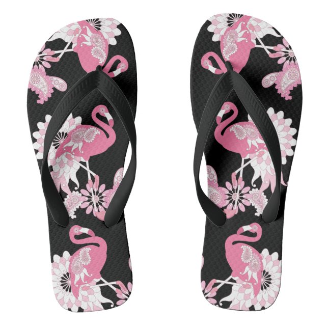 Chinelos Moderno Passaro Tropical Caprichoso Preto Flamingo (Pé da cama)